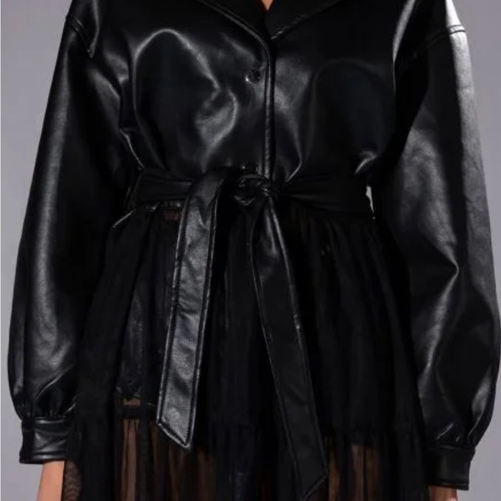 AKIRA Faux Leather & Sheer Chiffon Trench Coat Dress Black Sz S Edgy Gothic - Picture 9 of 12